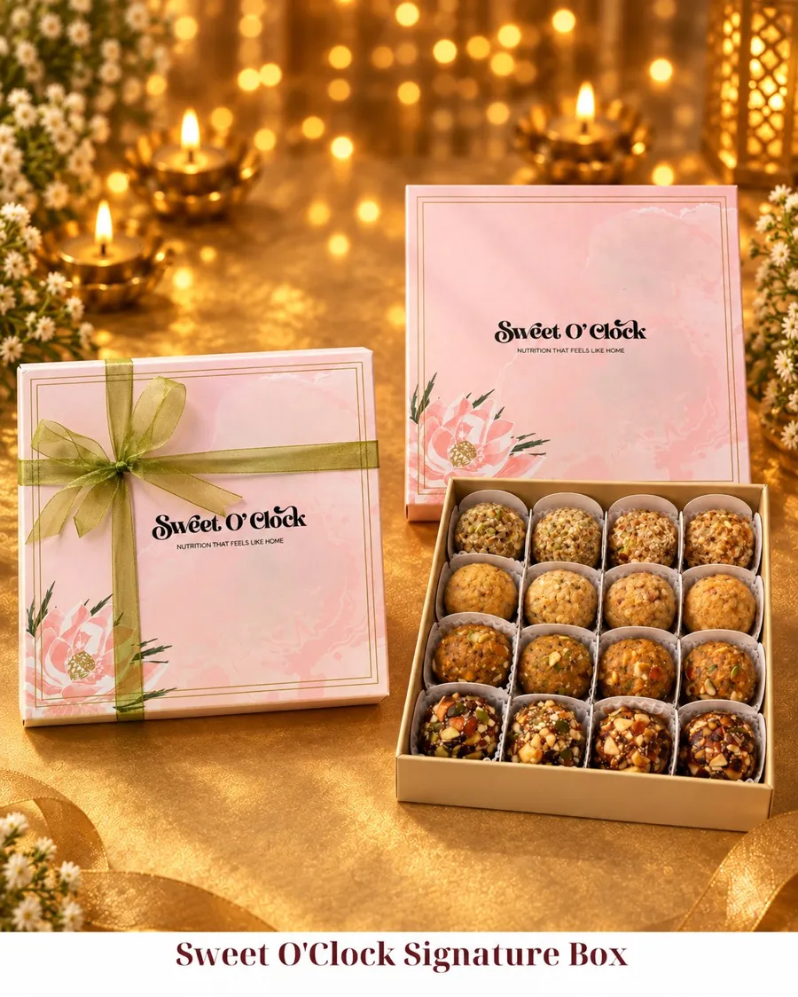 Sweet O'Clock Signature Box of assorted laddus surrounded by Diwali diyas